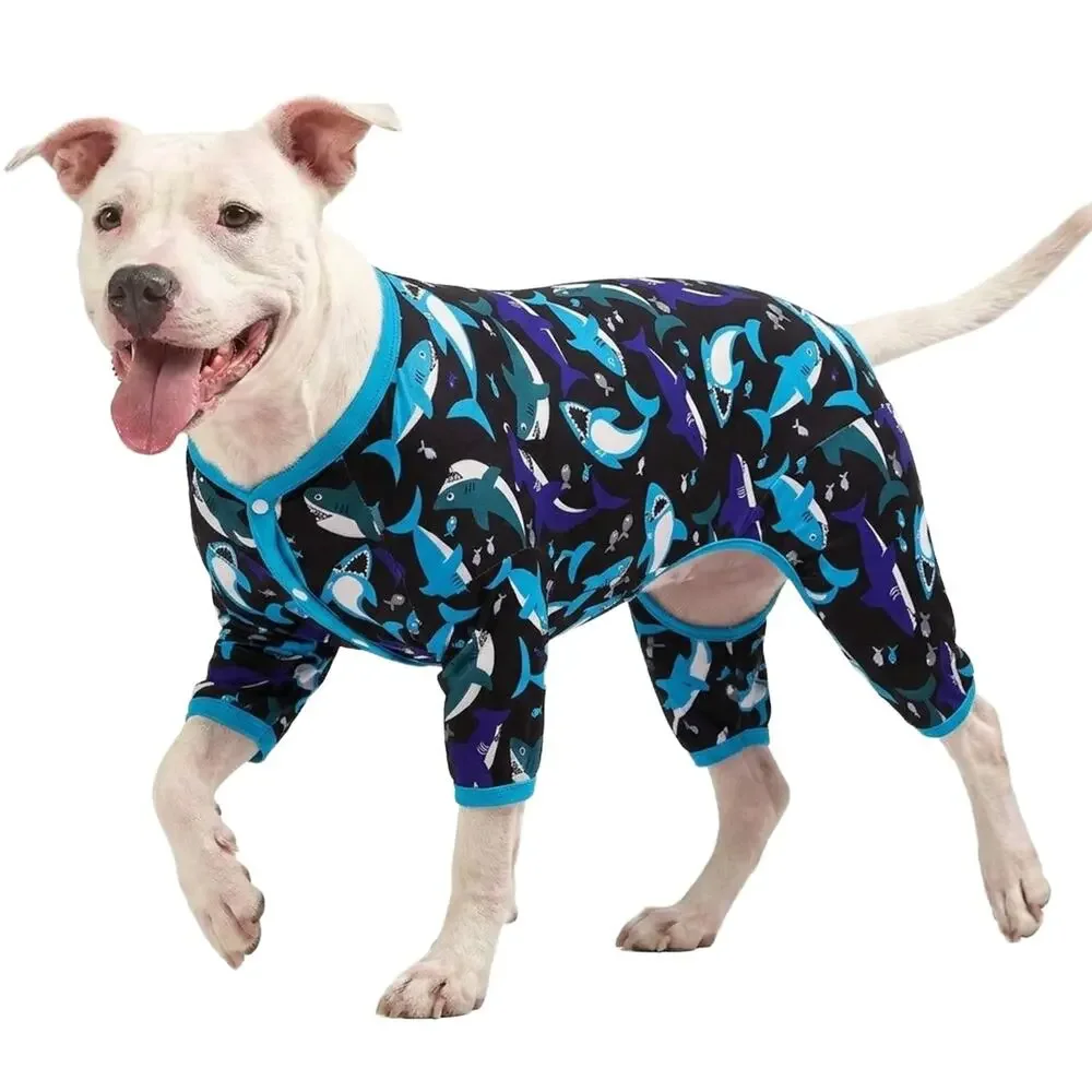 Dog Sz L Pajamas Shark Print Full Body Four Legged Jumpsuit Pet Sleepwear